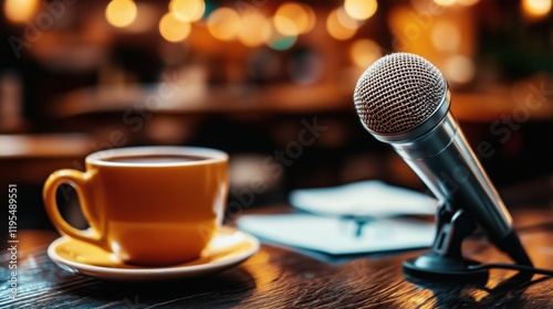 Coffee cup and microphone on a wooden table in a cozy cafe during an open mic night