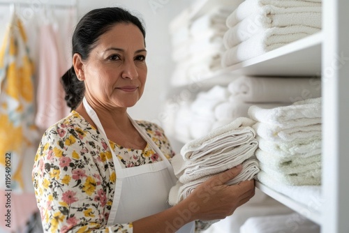 Woman organizing towels in linen closet wearing floral apron for home management photo