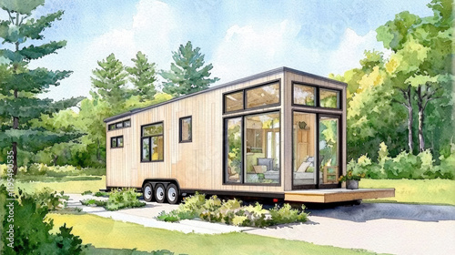 Modern tiny house with large windows, surrounded by greenery, exuding tranquility