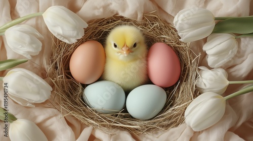 Cute chick resting in a nest surrounded by pastel eggs and white tulips during springtime celebration