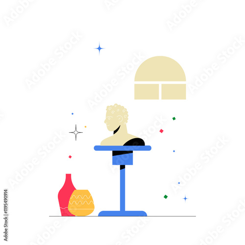 Bust On Pedestal With Decorative Vases In Flat Vector Illustration Symbolizing Art, Sculpture, And Creativity, Isolated On White Background.