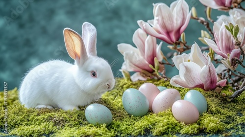 White rabbit explores colorful Easter eggs among blooming magnolia flowers in a serene spring setting