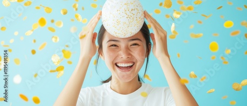 Joyful Female Athlete Celebrating Victory with Confetti photo