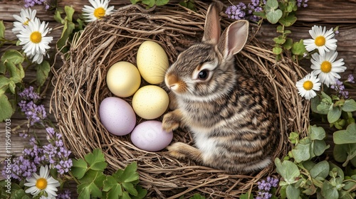 Cute bunny rests in a natural nest surrounded by colorful eggs and spring flowers in a warm setting