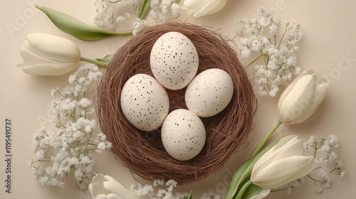 Decorative Easter eggs arranged in a nest with white tulips and delicate flowers on a neutral background