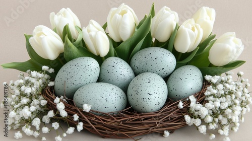 Decorative spring arrangement featuring speckled eggs and white tulips in a natural nest