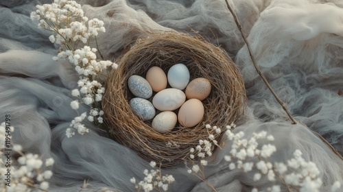 Nest filled with assorted eggs surrounded by soft fabric and delicate white flowers in tranquil setting