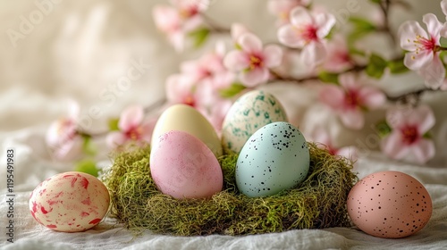 Colorful decorated eggs in a moss nest surrounded by blooming flowers during spring