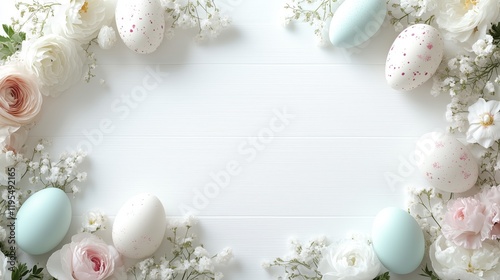 Decorated pastel eggs surrounded by delicate flowers on a white wooden background for Easter celebration