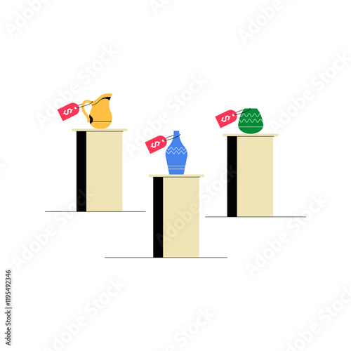 Ceramics On Display With Price Tags In Flat Vector Illustration Symbolizing Art Exhibition, Craftsmanship, And Discounts, Isolated On White Background