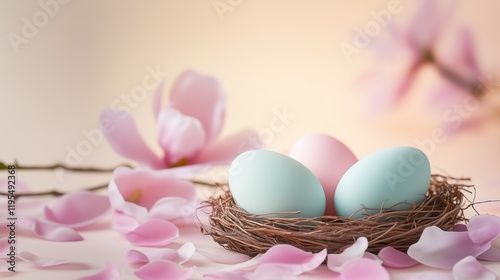 Brightly colored eggs nestled in a nest surrounded by delicate flowers and petals during springtime celebration