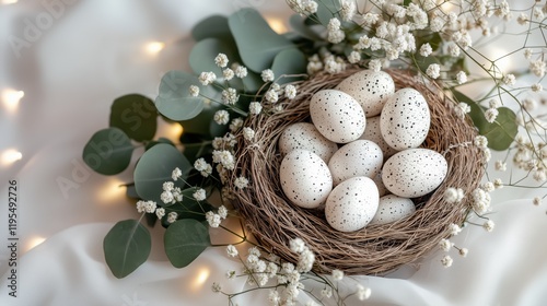 Decorated eggs nestled in a flower arrangement with greenery for spring celebration