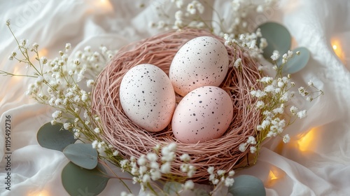 Colorful decorated eggs resting in a natural nest surrounded by delicate flowers and greenery