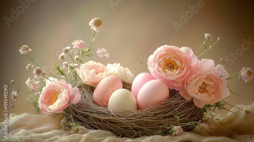Beautiful floral arrangement with colored eggs in a decorative nest during springtime celebration