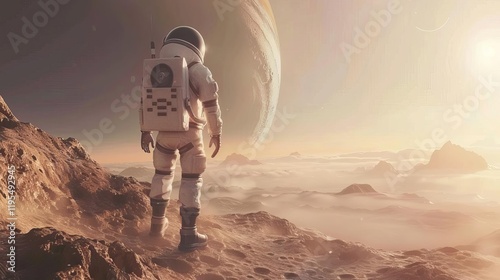 An astronaut stands on a distant planet, gazing at a massive gas giant and a hazy landscape.