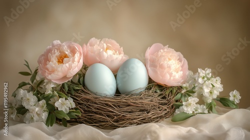 Nest with pastel eggs and peonies arranged beautifully for spring celebration