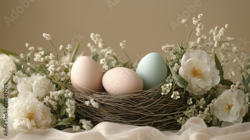 Colorful eggs nestled in a decorative nest with flowers for a festive spring celebration