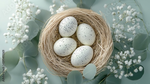 Natural arrangement of speckled eggs in a straw nest surrounded by delicate flowers and leaves