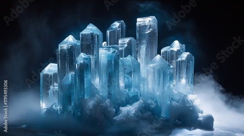 Abstract Ice Sculptures in a Mystical Foggy Atmosphere with Vibrant Blue Tones