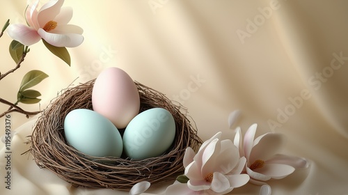 Nest with colored eggs and magnolia flowers arranged on soft fabric background for Easter celebration