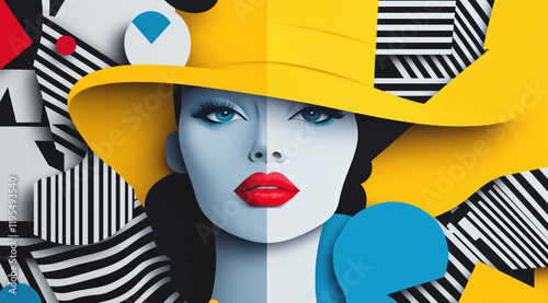 Striking abstract portrait of a woman in a yellow hat, featuring bold geometric patterns and vivid colors. Perfect for fashion, art, or modern decor themes.