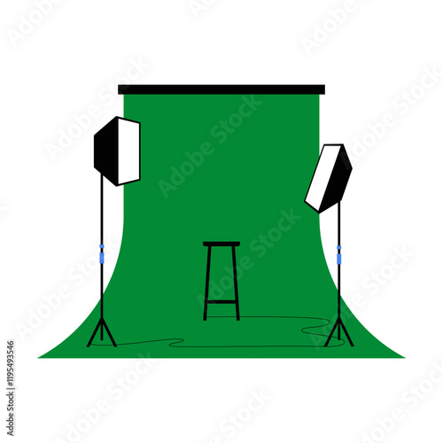Photography Studio Setup With Green Screen In Flat Vector Illustration Symbolizing Media Production, Creativity, And Filming, Isolated On White Background