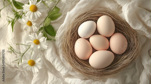 Nest of fresh eggs surrounded by delicate flowers and soft fabric highlighting a serene spring atmosphere