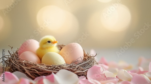 Bright yellow chick nestled in a nest with pastel eggs surrounded by flower petals during springtime celebration