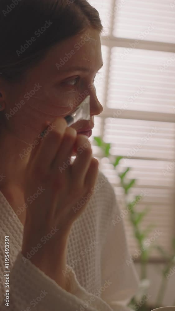Vertical side closeup of young Caucasian lady in bathrobe applying cleansing face mask with silicone brush in bathroom, skincare routine and beauty treatment Vertical side closeup of young Caucasian lady in bathrobe applying cleansing face mask with silicone brush in bathroom, skincare routine and beauty treatment
