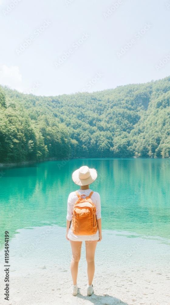 Young Woman at Tranquil Mountain Lake Exploring Nature and Environmental Awareness Young Woman at Tranquil Mountain Lake Exploring Nature and Environmental Awareness
