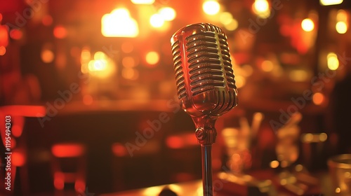 Vintage microphone stands ready for a live performance on a cozy bar stage during an evening event photo