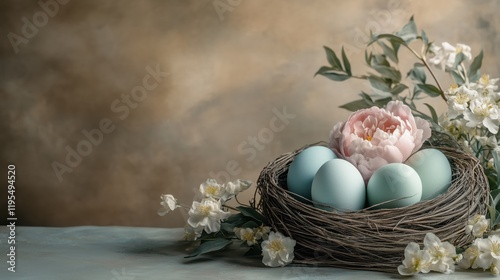 Nest with pastel eggs and peony flower on a rustic background for spring celebration