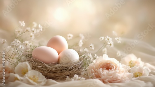 Nest with three pastel eggs surrounded by delicate flowers and soft textures in a serene setting