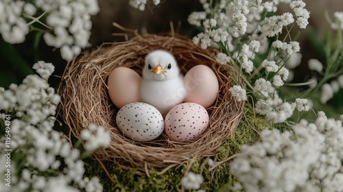 Cute chick and pastel eggs nestled in a natural nest surrounded by delicate flowers during springtime