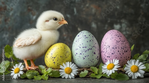 Chick stands beside colorful speckled eggs and daisies in a spring setting