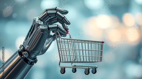 a robot hand holding shopping cart, concept of futuristic ai tech shopping experience