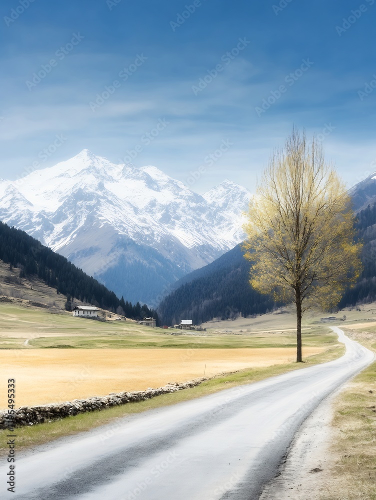 Serene mountain road winds gently past a solitary tree bathed in bright sunlight. AI Generated Serene mountain road winds gently past a solitary tree bathed in bright sunlight. AI Generated