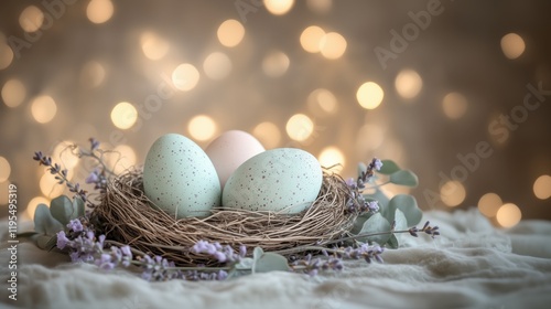 Decorative nest with pastel eggs and flowers against a soft illuminated background