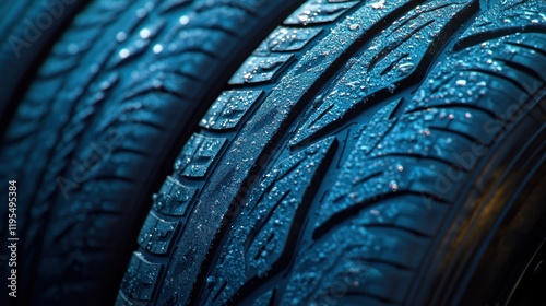 Close-up of wet car tires with detailed tread pattern.