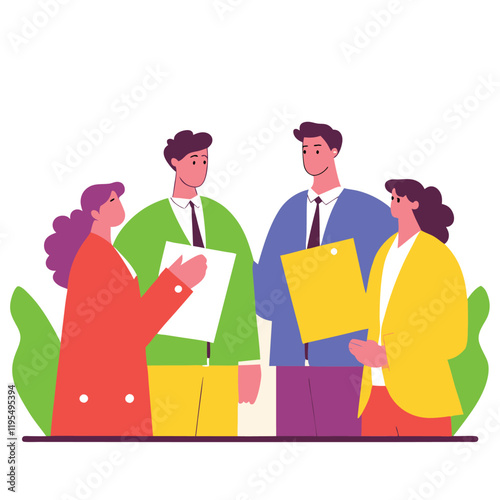 Stand up meeting - Business team of people having a discussion while standing. Flat design vector illustration with white background (1).eps