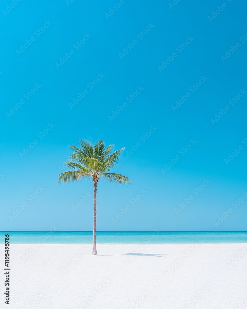 Fototapeta premium Minimalistic Beach Scene with Lone Palm Tree Against Clear Blue Sky and Ocean Horizon