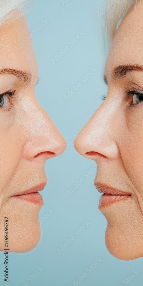 Comparative Portrait of Aging Side-by-Side Faces on Blue Background Comparative Portrait of Aging Side-by-Side Faces on Blue Background