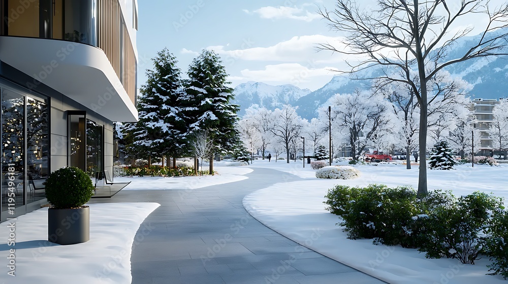 Obraz premium Serene and Peaceful Winter Urban Plaza with Tranquil Surroundings Snowy Landscape and Elegant Architecture A Charming and Inviting Scene during the Cold Season