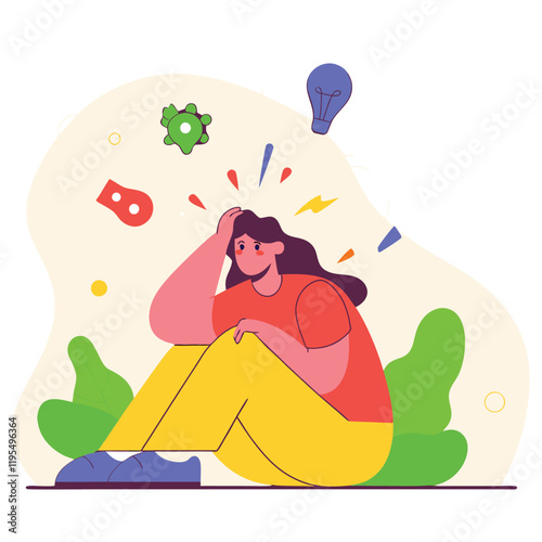 Stressed and hopeless, a frustrated woman with anxiety has a busy line of thoughts over her head. Vector illustration in flat cartoon style (2).eps