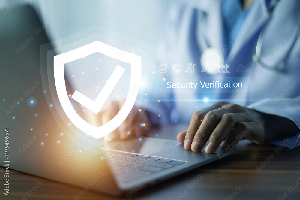 Doctor performs security verification on a laptop, ensuring secure access to sensitive medical data and maintaining patient confidentiality.