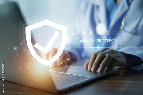 Obraz na płótnie Doctor performs security verification on a laptop, ensuring secure access to sensitive medical data and maintaining patient confidentiality. w salonie