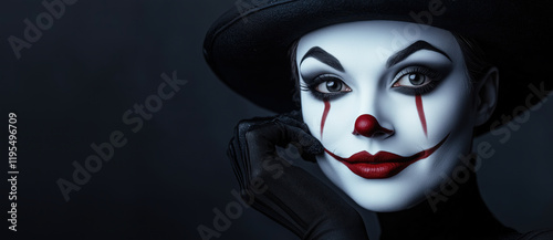 Striking portrait of a Pierrot clown with intricate makeup and a mysterious expression. The dark, moody atmosphere enhances the artistic and enigmatic aura of the character.