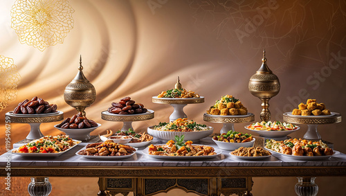 Luxurious iftar buffet with dates and water photo