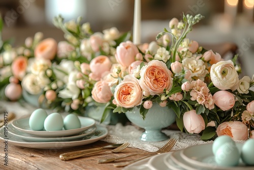 Elegant Spring Tablescape with Pastel Flowers, Fresh Blooms, and Decorative Elements for a Cozy Gathering or Special Celebration