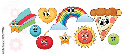 Groovy fast food characters set isolated on white background. Vector cartoon illustration of retro restaurant mascots, ketchup and mustard bottles, pizza, french fries, cup of soda, hotdog smiling